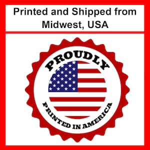 May include: A red and white graphic with the text "Printed in America" and a circular design featuring the American flag. The word "PROUDLY" is arched above the flag.