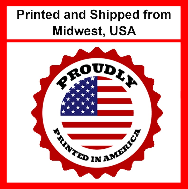 May include: A red and white graphic with the text "Printed in America" and a circular design featuring the American flag. The word "PROUDLY" is arched above the flag.