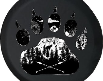Bear Paw Print Mountain Tire Cover for Jeep, Camper, SUV With or Without Backup Camera Hole