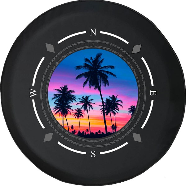 Colorful Sunset Palm Trees Compass Spare Tire Cover for Jeep, Camper, SUV With or Without Backup Camera Hole
