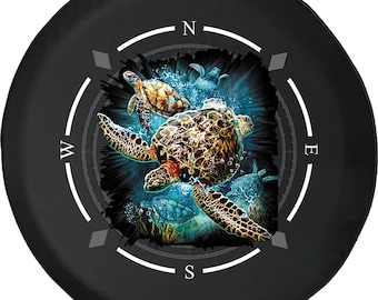 Sea Turtle Wildlife Ocean Compass Spare Tire Cover for Jeep, Camper, SUV With or Without Backup Camera Hole