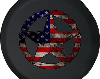 Distressed Military Star American Flag Spare Tire Cover for Jeep, Camper, SUV With or Without Backup Camera Hole