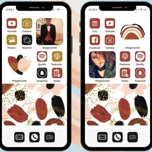 Puede incluir: Dos smartphones que muestran diseños de pantalla de inicio personalizados. Cada teléfono presenta una disposición única de iconos de aplicaciones, widgets y un fondo decorativo con formas abstractas en rojo, negro y dorado. Las pantallas muestran iconos de aplicaciones.