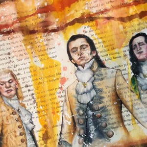 May include: Watercolor painting featuring three figures in period clothing, set against a backdrop of aged book pages. The artwork has a vintage aesthetic with warm, golden hues and text fragments visible throughout.