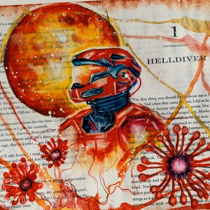 May include: An artistic illustration of a red armored figure in a helmet, positioned over a page of printed text. The artwork features a large orange sphere, swirling orange lines, and two red floral shapes with dark centers.