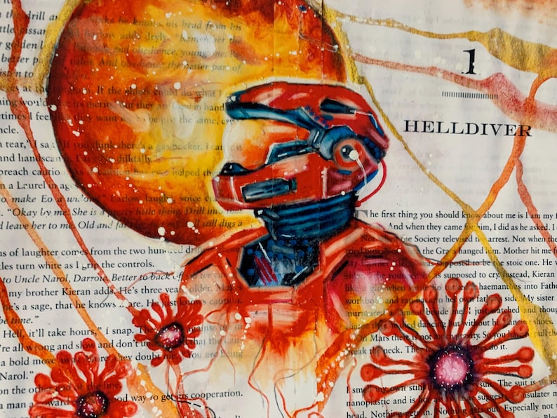 May include: A mixed media artwork on book page paper featuring a red armored figure with a helmet, labeled '1 HELLDIVER'. The composition includes a large orange circular element, white paint splatters, and stylized red floral shapes.