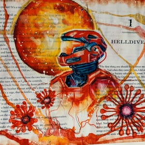 May include: An illustration on a book page featuring a red armored figure in a helmet, a large orange planet, and red floral motifs. The text "1 HELLDIVER" is printed at the top right. The artwork uses red, orange, and yellow watercolor washes.
