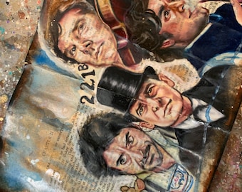 May include: Artwork featuring a collage of portraits and illustrations. The artwork is painted on a page of text, with the number "221B" visible. The portraits depict characters, including one wearing a top hat and another holding a magnifying glass. The color palette includes browns, blues, and creams.