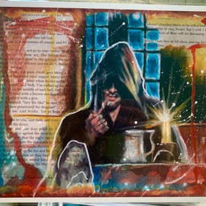 May include: An artistic painting depicting a figure in a hooded cloak, holding a pipe, with a lit candle and a mug on a table. The background features text from a book, with splashes of paint adding texture. The artwork evokes a fantasy theme.