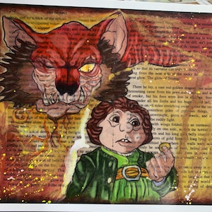 May include: Watercolor illustration on book pages featuring a hobbit holding a coin, with a red dragon looming above. The artwork has a vintage, fantasy theme with gold accents.