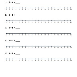 Könnte beinhalten: Ein Arbeitsblatt mit dem Titel "Addition mit einer Zahlenlinie" mit Matheaufgaben unter Verwendung von Zahlenlinien. Das Arbeitsblatt enthält Additionsaufgaben wie 3 + 4 = __ und 5 + 6 = __. Das Arbeitsblatt ist mit "Arbeitsblatt 4" gekennzeichnet.
