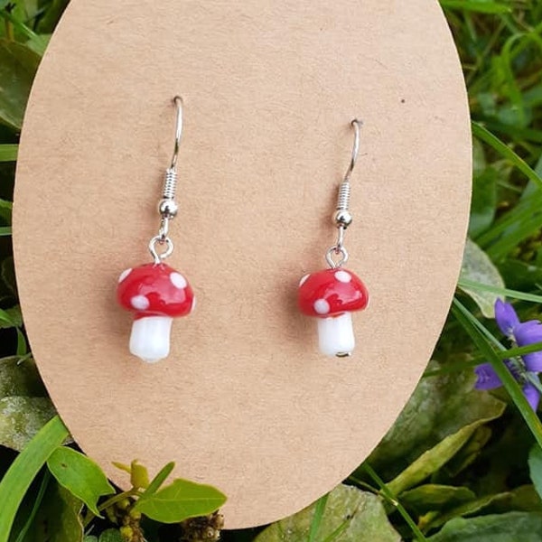 Miniature Mushroom Earrings, Red and White Spotted Glass Mushroom Earrings, Cottagecore, Goblin Core, Forest, Nature, Fairy, Nickel Free Irn