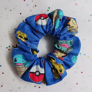 Blue Video Game Scrunchie, Virtual Pet, Table Top Gaming Scrunchie, Trading Card Scrunchie, Grass, Water, Fire, Electric, Gotta Catch em All