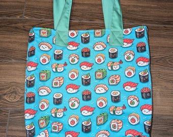 Bolsa de tela con estampado de sushi, comida japonesa kawaii, hecha a mano en algodón