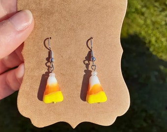 Candy Corn Earrings, Dangle Drop Earrings, Halloween, Trick or Treat, Glass Bead Earrings, Hook Earrings, Spooky Season, Witchy, Nickel Free