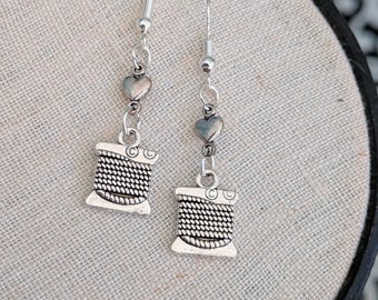 Dangle embroidery floss and hearts earrings:  Stainless steel hooks, cross stitch sewing gift