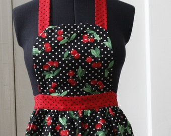 Apron for Women, Retro Apron for Women, Retro Cherry Apron for Women, Cherries and Polka Dots Apron for Women