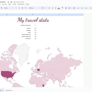 May include: A digital document, titled "Visited Countries Checklist", presents travel statistics. It features a world map with highlighted countries and a table showing percentages for visited continents. The text "My travel stats" is displayed at the top.