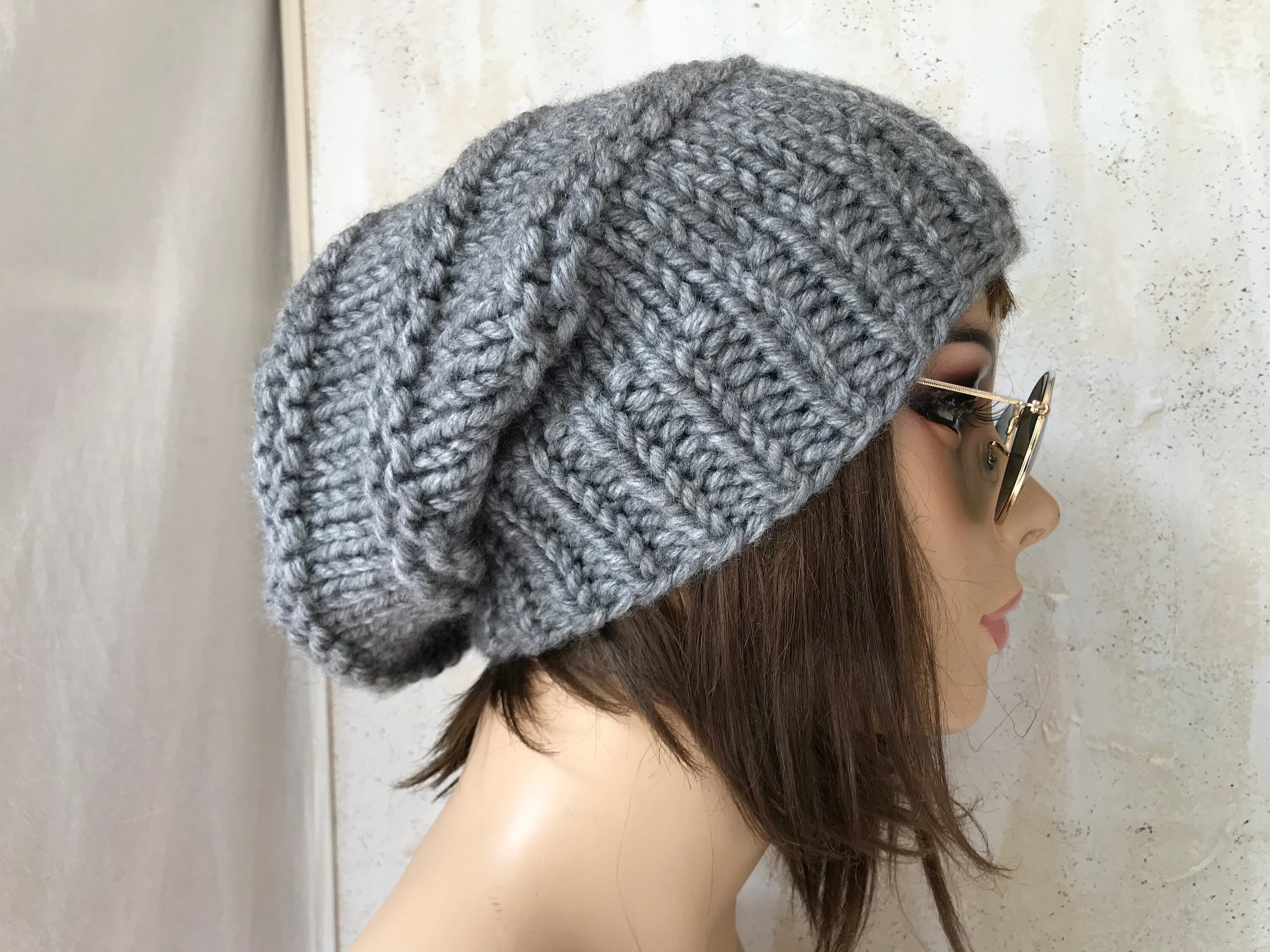 Hand Knit Gray Slouchy Beanie: Wool Blend Chunky Cable Knit 