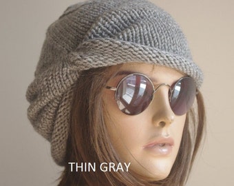 Hand Knit Gray Beanie: Winter Cotton Blend Hat