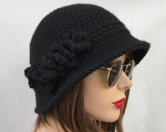 Women Hats Winter Hat Hand Knit Hat crochet bucket hat womens winter hats women cloche hat women crochet hat winter accessories black