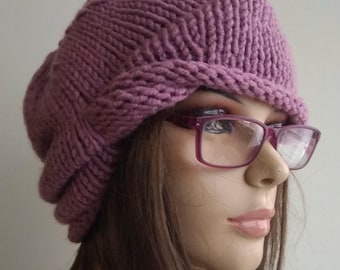 Hand Knit Slouchy Beanie: Rose Pink Wool Blend Winter Hat
