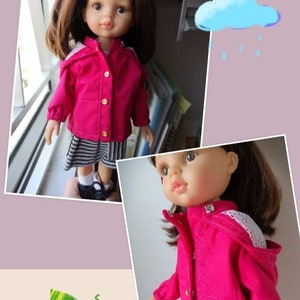 Może przedstawiać: Różowa kurtka dla lalki z białą koronkową lamówką i zapięciem na guziki. Kurtka jest noszona przez lalkę o brązowych włosach i w pasiastą spódnicę.