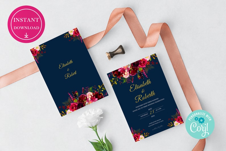 Wedding Program Thank You Card RSVP Card,Details Card Wedding Invites Marsala Wedding Invitation Set Template Download Wedding Template