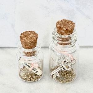 May include: Two small glass bottles with cork tops filled with gold glitter. One bottle contains a rolled up piece of paper with a pink ribbon, the other contains a silver key.