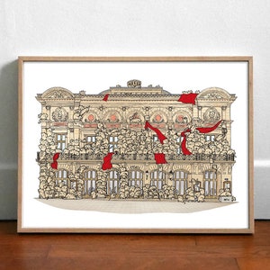 Peut inclure: Une illustration dessinée à la main d'un bâtiment avec une foule de personnes sur les balcons. Le bâtiment est dessiné en noir et blanc, avec des accents rouges pour les drapeaux et les vêtements des personnes.