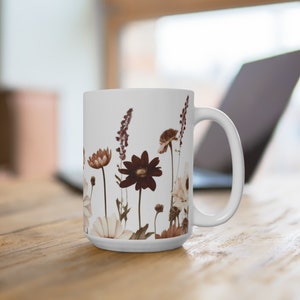 Brown Flower Mug - Floral Coffee Cup - Ceramic Tea Mug - Botanical Drink-ware - Rustic Nature Lover Gift- Gardener Gift - Flower Mug - 15oz