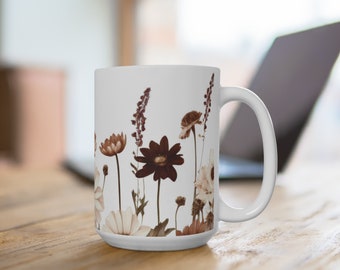 Brun blommugg - Blommig kaffekopp - Keramisk temugg - Botanisk dryckeskärl - Rustik present till naturälskare - Trädgårdsgåva - Blommugg - 45 cl