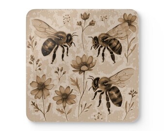 Bienen Korkuntersetzer Set - Einweihungsparty Geschenk - Bestäuber Geschenk - Braune Rustikale Holz Untersetzer - Gartenarbeit Geschenk - Natur Tisch Wohnkultur - 4er Set