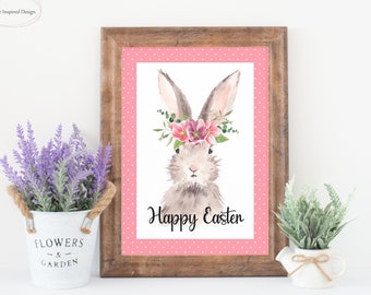 Easter Printable Sign, Happy Easter Printable Wall Art, Easter Bunny Sign, Easter Rabbit Print, Easter Wall Decor, Happy Easter Picture