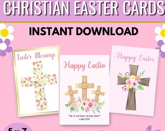 Printable Christian Easter Cards, Easter Greeting Card Set, Floral Cross Easter Cards, Blank Easter Note Card, Christian Happy Easter Cards