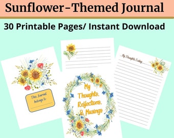 Utskrivbar 30-dagars dagbok med solrosmotiv, utskrivbara dagbokssidor, utskrivbar 30-dagars dagbok, daglig reflektionsdagbok, dagbok med solrosmotiv