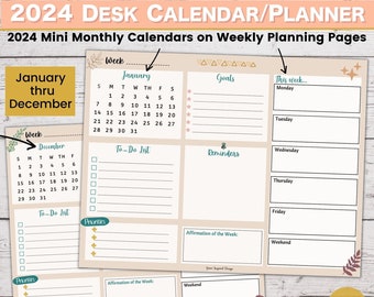 2024 Boho Desk Calendar Printable, 2024 Desk Calendar Planner Pad, 2024 Monthly Planner Printable, Weekly One Page Organizer 2024 Landscape