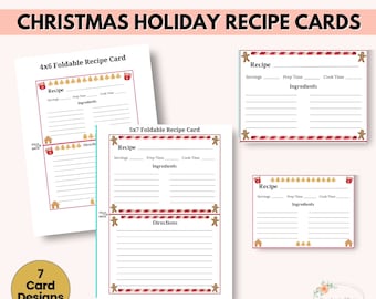 May include: Printable Christmas holiday recipe cards in two sizes: 4x6 and 5x7 inches. The cards feature a red and white candy cane stripe design with gingerbread men and red mugs. The cards have sections for recipe name, servings, prep time, cook time, ingredients, and directions.