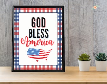 4th of July Sign, Patriotic Wall Art Printable, God Bless America Sign, 4th of July Decor, July 4th Holiday Art, Independence Day Picture