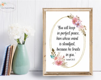 Christian Wall Hanging, Scripture Printable.  "In Perfect Peace" Bible Verse Print, Faith Sign Christian Home Decor, Inspirational Picture