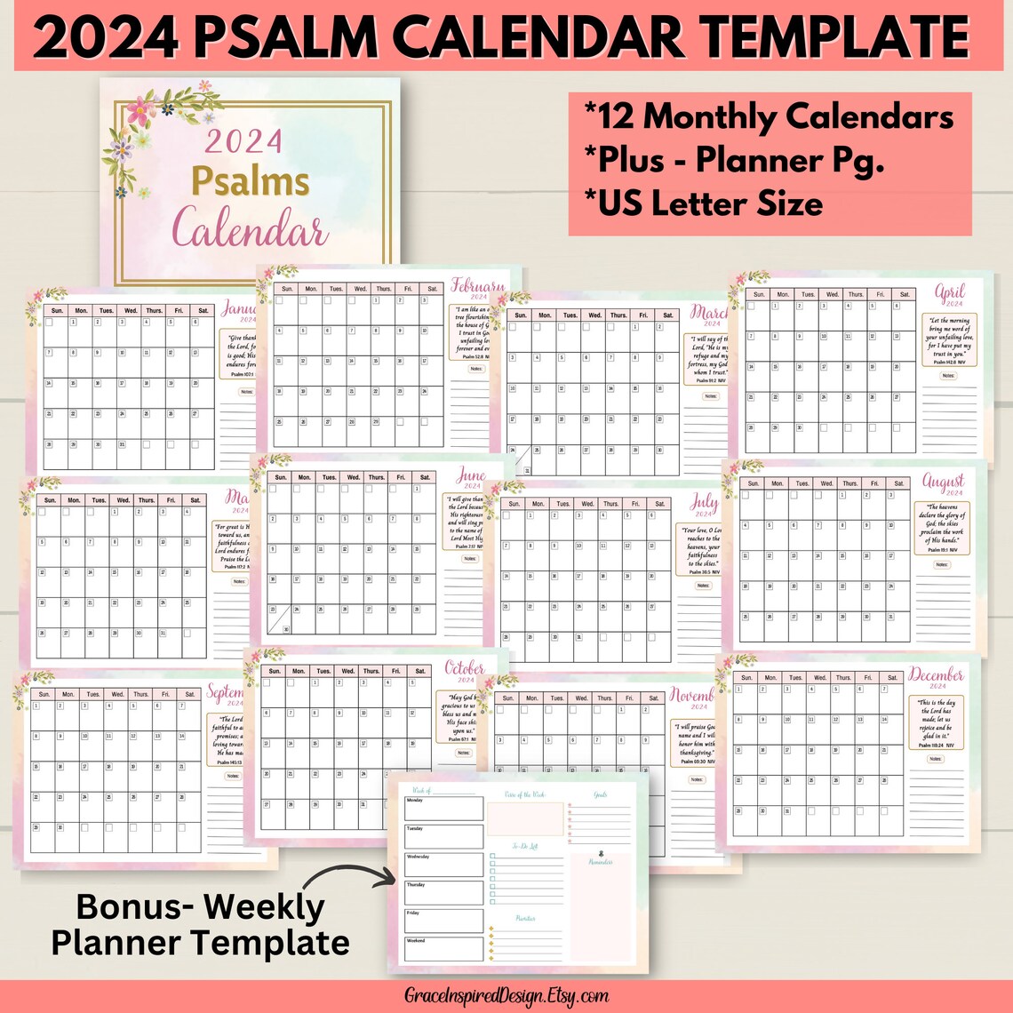 Printable Calendar 2024, Bible Verse Calendar Printable 2024, Monthly ...