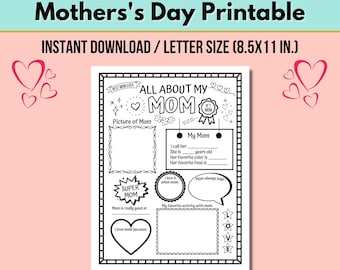 All About My Mom Printable, Mother's Day Printable for Kids, Mother's Day Gift From Kids, Mothers Day Coloring Sheet, Kid's Activity For Mom