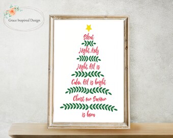 Christmas Tree Picture, Silent Night Holy Night, Christmas Card, Christmas Decor, Christian Christmas Print, Christian Christmas Art 5 Sizes