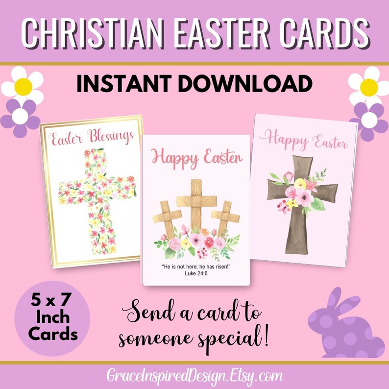 Printable Christian Easter Cards, Easter Greeting Card Set, Floral Cross Easter Cards, Blank Easter Note Card, Christian Happy Easter Cards image 1