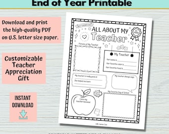 Teacher Appreciation Week Gift,  All About My Teacher Printable , End of Year Teacher Keepsake Gift Thank You Card For Teacher, Teacher Card