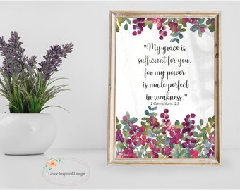 Schriftdruk, "Mijn genade is voldoende voor u" 2 Korintiërs 12:9, Bijbelversbeeld, botanische muurkunst, christelijk huisdecoratieteken