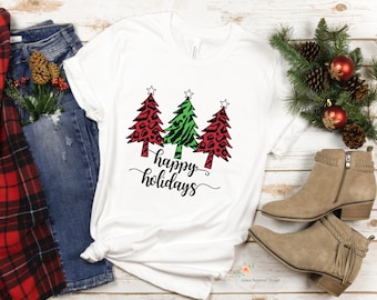Christmas T-Shirt, Christmas Tree T-Shirt, Happy Holidays Christmas Tee,  Cute Christmas Tee, Christmas Tree Holiday Shirt, Women's Xmas Tee