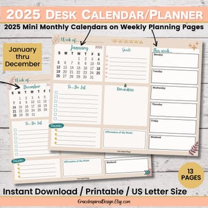 2025 Desk Calendar Printable, 2025 Desk Calendar Planner Pad, 2025 Monthly Planner Page, Weekly One Page Organizer Printable 2025 Landscape