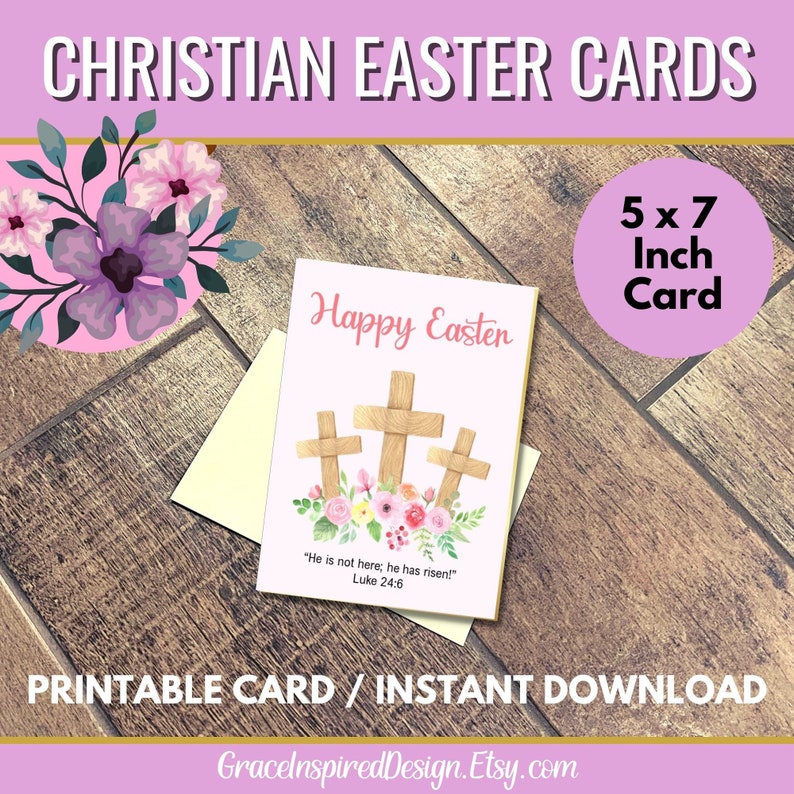 Printable Christian Easter Cards, Easter Greeting Card Set, Floral Cross Easter Cards, Blank Easter Note Card, Christian Happy Easter Cards image 6