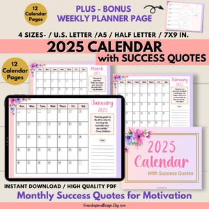 2025 Wall Calendar Printable,  2025 Monthly Calendar, Weekly Planner Insert, 2025 Motivational Calendar, Printable 2025 Calendar 4 Sizes